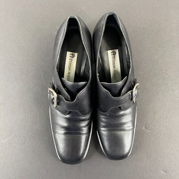 Etienne Aigner Black Buckle Block Heel Y2K Booties Shoes 6M - Picture 2 of 8